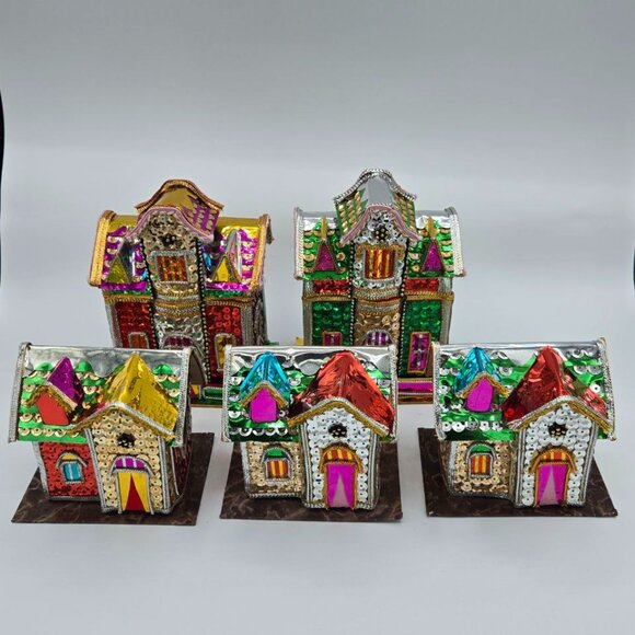 Lot of 5 Vintage The Bombay Company Christmas Putz Sequin Trinket Box Houses - Picture 2 of 16